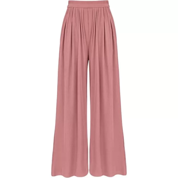 BTFBM Womens Casual Wide Leg Pants Summer Fall Clothes Pleated Elastic Waist Loose Palazzo Knit Trousers with PocketsSolid Dusty Pink