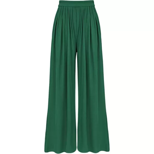 BTFBM Womens Casual Wide Leg Pants Summer Fall Clothes Pleated Elastic Waist Loose Palazzo Knit Trousers with PocketsSolid Green