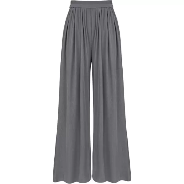 BTFBM Womens Casual Wide Leg Pants Summer Fall Clothes Pleated Elastic Waist Loose Palazzo Knit Trousers with PocketsSolid Grey