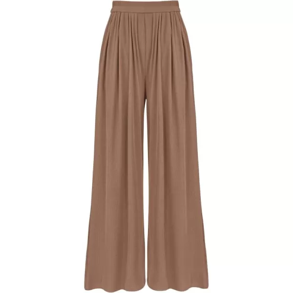 BTFBM Womens Casual Wide Leg Pants Summer Fall Clothes Pleated Elastic Waist Loose Palazzo Knit Trousers with PocketsSolid Khaki