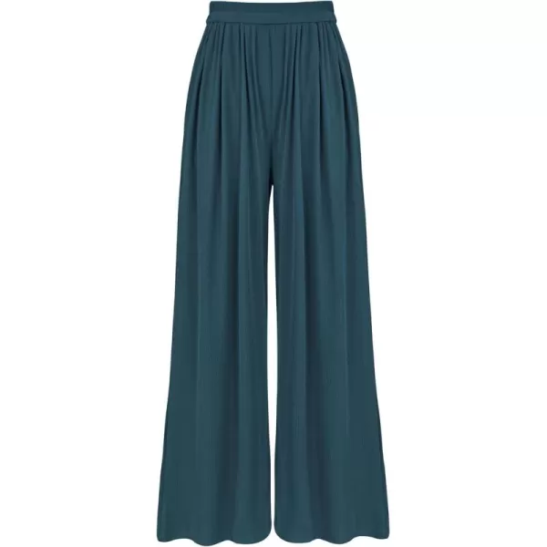 BTFBM Womens Casual Wide Leg Pants Summer Fall Clothes Pleated Elastic Waist Loose Palazzo Knit Trousers with PocketsSolid Lake Blue