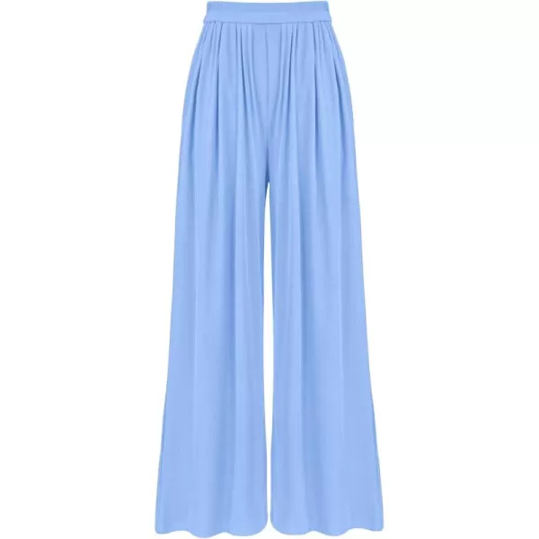 BTFBM Womens Casual Wide Leg Pants Summer Fall Clothes Pleated Elastic Waist Loose Palazzo Knit Trousers with PocketsSolid Light Blue