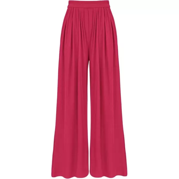 BTFBM Womens Casual Wide Leg Pants Summer Fall Clothes Pleated Elastic Waist Loose Palazzo Knit Trousers with PocketsSolid Rose Red