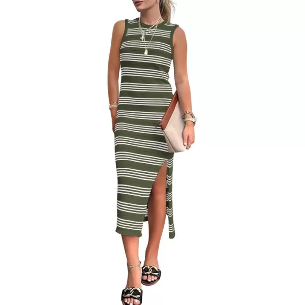 BTFBM Womens Sleeveless Summer Dresses 2024 Crew Neck Casual Sundress Hollow Out Side Slit Bodycon Knit Long Tank DressStriped Army Green