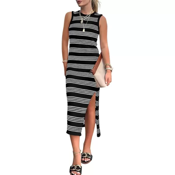 BTFBM Womens Sleeveless Summer Dresses 2024 Crew Neck Casual Sundress Hollow Out Side Slit Bodycon Knit Long Tank DressStriped Black