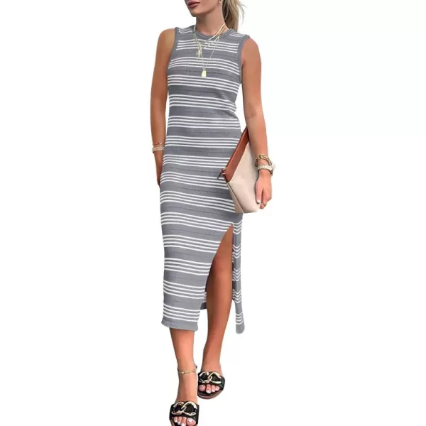 BTFBM Womens Sleeveless Summer Dresses 2024 Crew Neck Casual Sundress Hollow Out Side Slit Bodycon Knit Long Tank DressStriped Grey