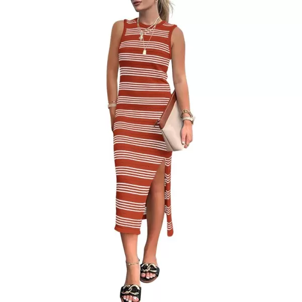 BTFBM Womens Sleeveless Summer Dresses 2024 Crew Neck Casual Sundress Hollow Out Side Slit Bodycon Knit Long Tank DressStriped Rust Red