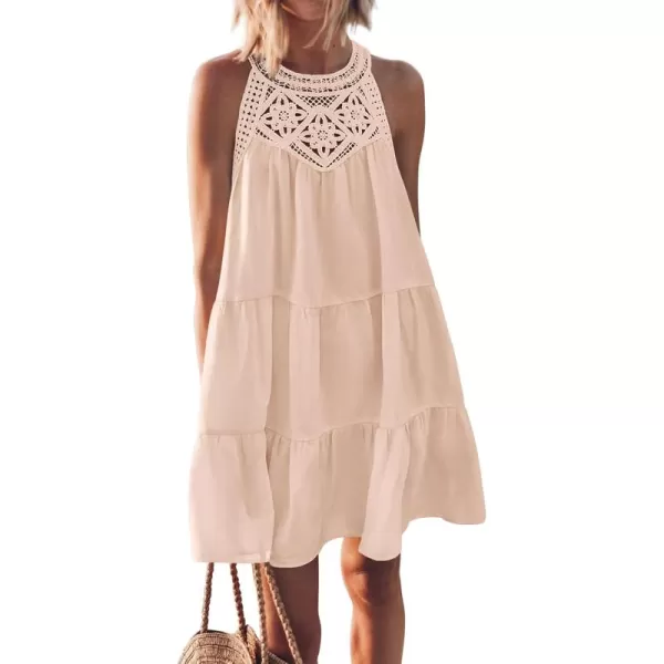 BTFBM Womens Summer Hollow Out Halter Dresses Casual Sleeveless ALine Tiered Swing Sundress Beach Vacation Mini DressSolid Apricot