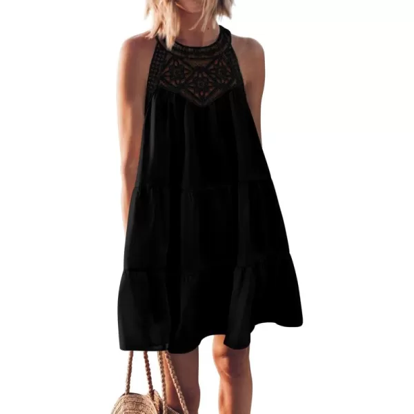 BTFBM Womens Summer Hollow Out Halter Dresses Casual Sleeveless ALine Tiered Swing Sundress Beach Vacation Mini DressSolid Black