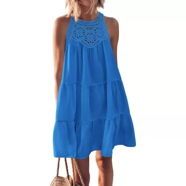 BTFBM Womens Summer Hollow Out Halter Dresses Casual Sleeveless ALine Tiered Swing Sundress Beach Vacation Mini DressSolid Blue