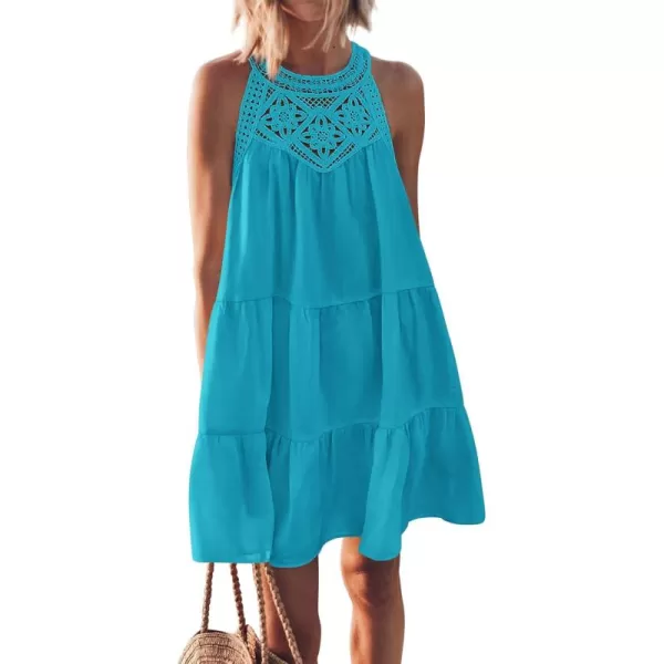 BTFBM Womens Summer Hollow Out Halter Dresses Casual Sleeveless ALine Tiered Swing Sundress Beach Vacation Mini DressSolid Bright Lake Blue