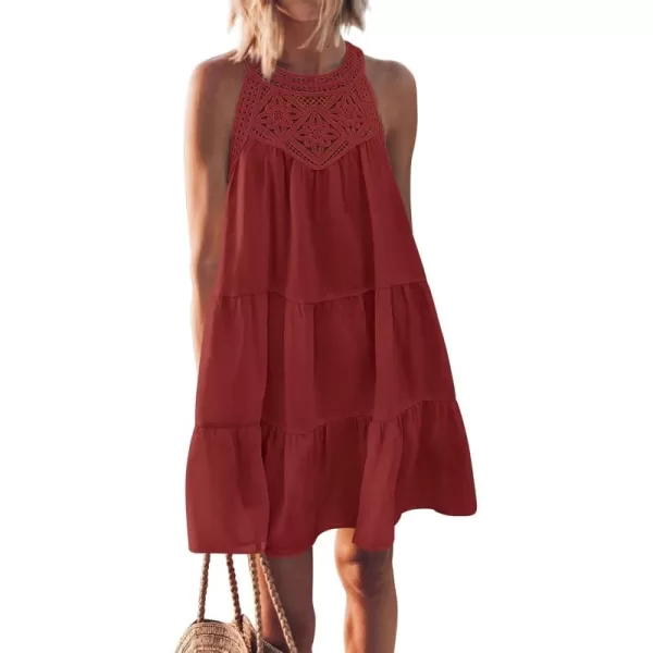 BTFBM Womens Summer Hollow Out Halter Dresses Casual Sleeveless ALine Tiered Swing Sundress Beach Vacation Mini DressSolid Brown Red