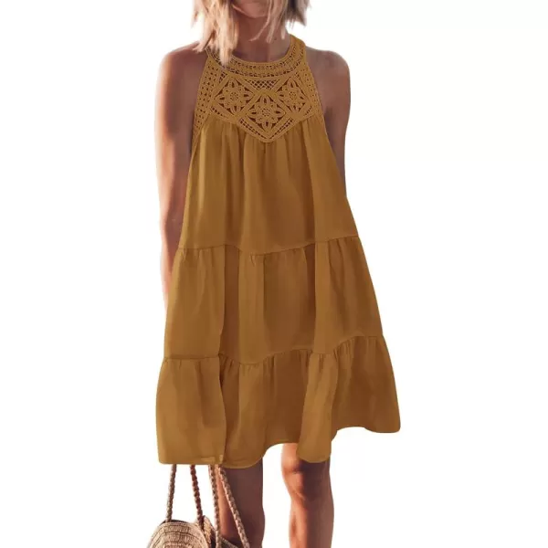 BTFBM Womens Summer Hollow Out Halter Dresses Casual Sleeveless ALine Tiered Swing Sundress Beach Vacation Mini DressSolid Brown Yellow