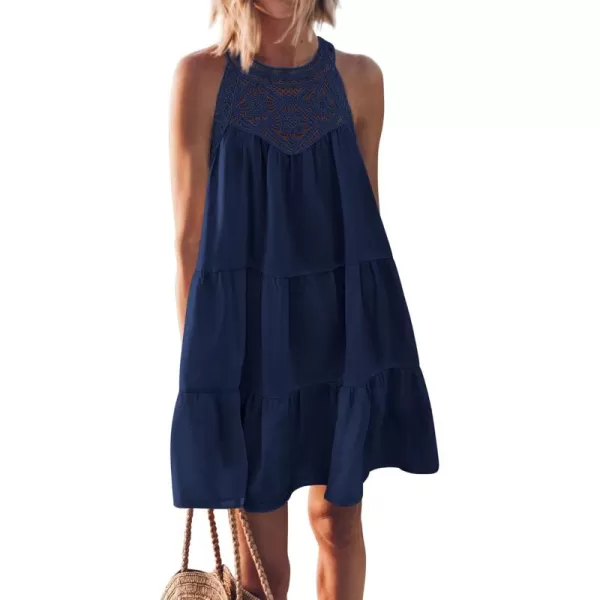 BTFBM Womens Summer Hollow Out Halter Dresses Casual Sleeveless ALine Tiered Swing Sundress Beach Vacation Mini DressSolid Dark Blue
