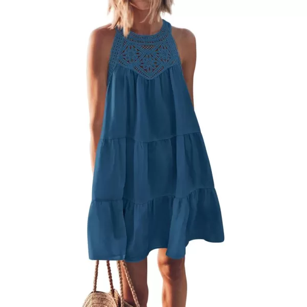 BTFBM Womens Summer Hollow Out Halter Dresses Casual Sleeveless ALine Tiered Swing Sundress Beach Vacation Mini DressSolid Lake Blue