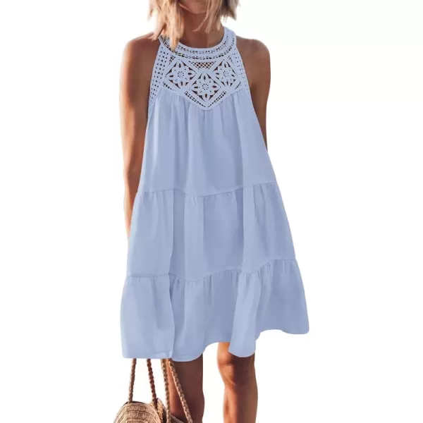 BTFBM Womens Summer Hollow Out Halter Dresses Casual Sleeveless ALine Tiered Swing Sundress Beach Vacation Mini DressSolid Light Blue