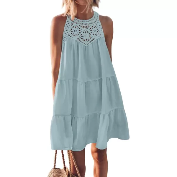 BTFBM Womens Summer Hollow Out Halter Dresses Casual Sleeveless ALine Tiered Swing Sundress Beach Vacation Mini DressSolid Mint Green