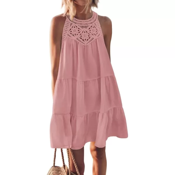 BTFBM Womens Summer Hollow Out Halter Dresses Casual Sleeveless ALine Tiered Swing Sundress Beach Vacation Mini DressSolid Pink