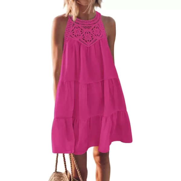 BTFBM Womens Summer Hollow Out Halter Dresses Casual Sleeveless ALine Tiered Swing Sundress Beach Vacation Mini DressSolid Rose Red