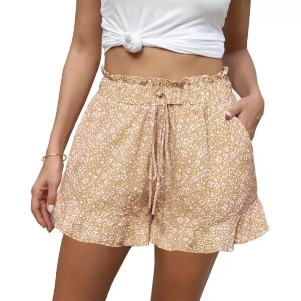BTFBM Womens Summer Shorts 2024 Floral Elastic High Waisted Belted Casual Beach Ruffle Short Lounge Pants with PocketsFloral Apricot