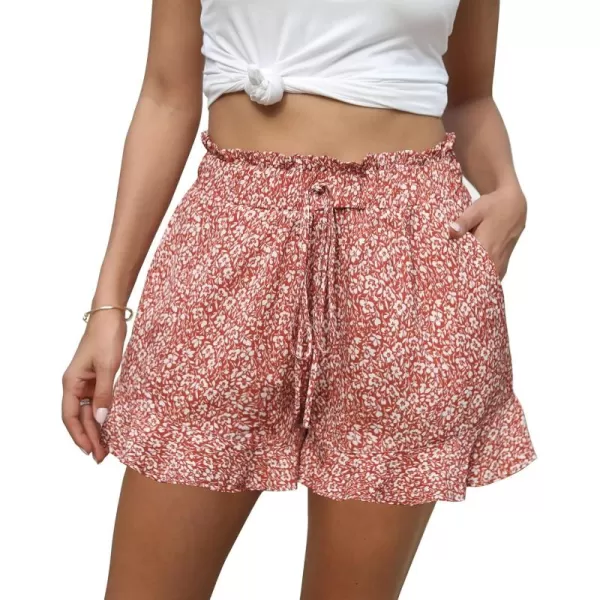 BTFBM Womens Summer Shorts 2024 Floral Elastic High Waisted Belted Casual Beach Ruffle Short Lounge Pants with PocketsFloral Orange Red