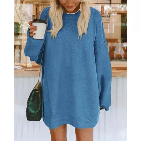 BTFBM 2024 Womens Sweaters Casual Crewneck Long Sleeve Oversized Sweater Dress Fall Winter Loose Slouchy Soft PulloverSolid Blue
