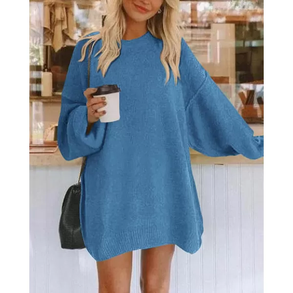 BTFBM 2024 Womens Sweaters Casual Crewneck Long Sleeve Oversized Sweater Dress Fall Winter Loose Slouchy Soft PulloverSolid Blue