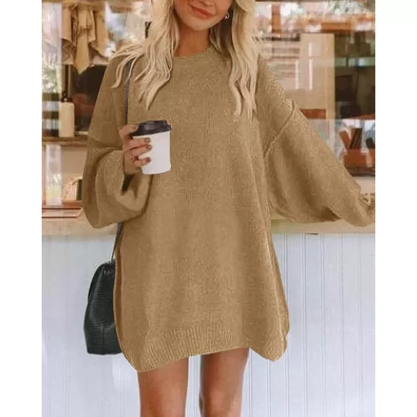 BTFBM 2024 Womens Sweaters Casual Crewneck Long Sleeve Oversized Sweater Dress Fall Winter Loose Slouchy Soft PulloverSolid Khaki