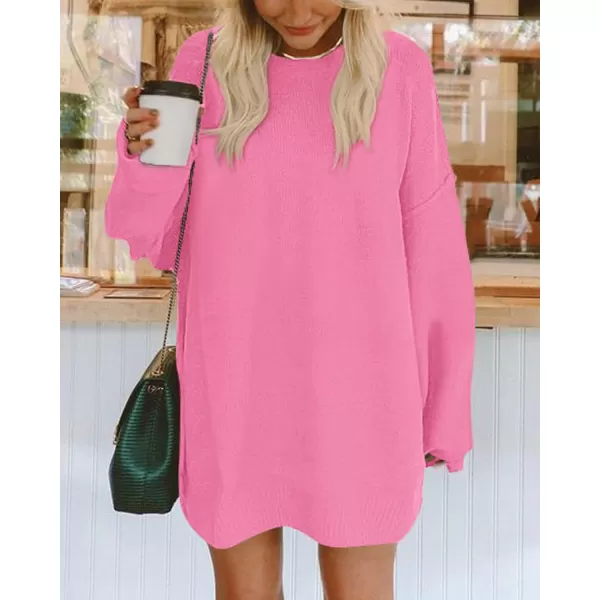 BTFBM 2024 Womens Sweaters Casual Crewneck Long Sleeve Oversized Sweater Dress Fall Winter Loose Slouchy Soft PulloverSolid Rose Pink
