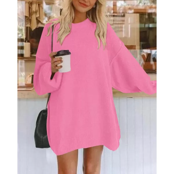 BTFBM 2024 Womens Sweaters Casual Crewneck Long Sleeve Oversized Sweater Dress Fall Winter Loose Slouchy Soft PulloverSolid Rose Pink