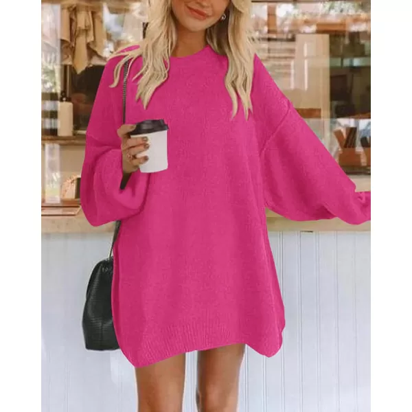 BTFBM 2024 Womens Sweaters Casual Crewneck Long Sleeve Oversized Sweater Dress Fall Winter Loose Slouchy Soft PulloverSolid Rose Red
