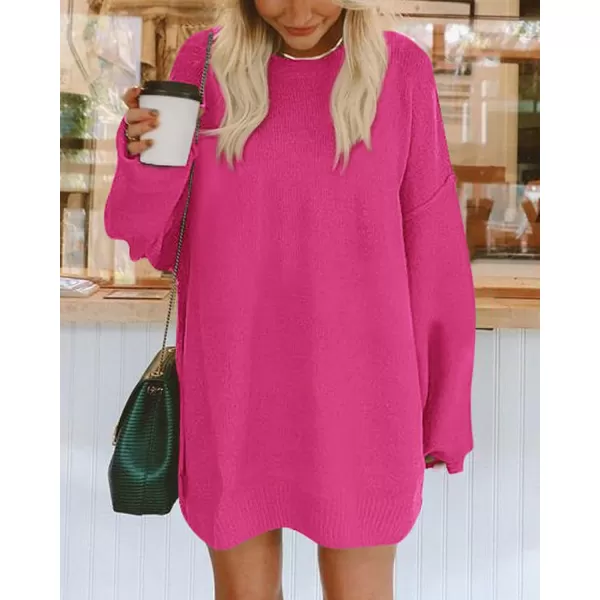 BTFBM 2024 Womens Sweaters Casual Crewneck Long Sleeve Oversized Sweater Dress Fall Winter Loose Slouchy Soft PulloverSolid Rose Red