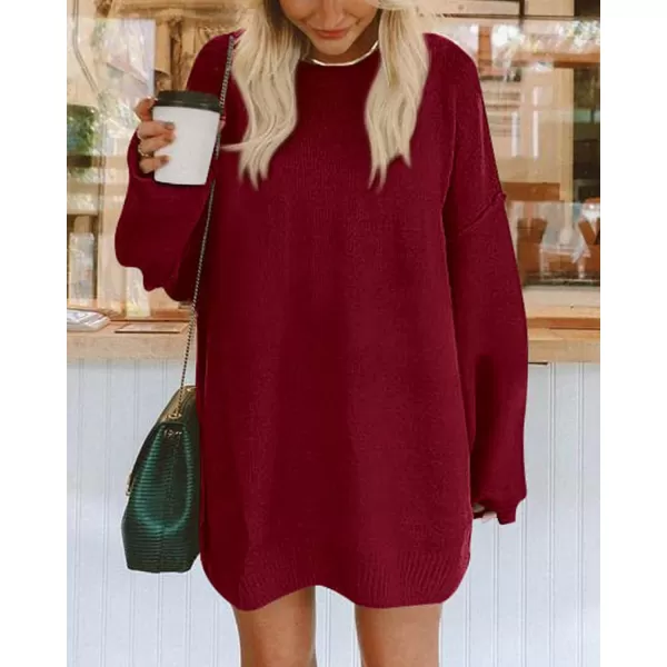 BTFBM 2024 Womens Sweaters Casual Crewneck Long Sleeve Oversized Sweater Dress Fall Winter Loose Slouchy Soft PulloverSolid Wine Red