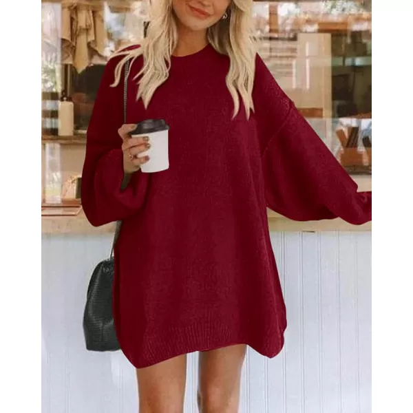 BTFBM 2024 Womens Sweaters Casual Crewneck Long Sleeve Oversized Sweater Dress Fall Winter Loose Slouchy Soft PulloverSolid Wine Red