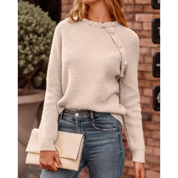BTFBM 2024 Womens Sweaters Fall Winter Outfits Long Sleeve Button Down Ruffle Crew Neck Casual Knitted Pullover TopsOblique Apricot