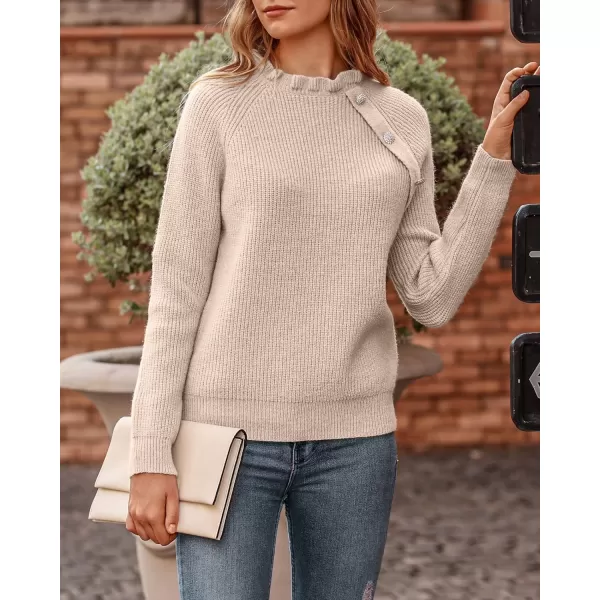 BTFBM 2024 Womens Sweaters Fall Winter Outfits Long Sleeve Button Down Ruffle Crew Neck Casual Knitted Pullover TopsOblique Apricot