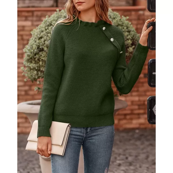BTFBM 2024 Womens Sweaters Fall Winter Outfits Long Sleeve Button Down Ruffle Crew Neck Casual Knitted Pullover TopsOblique Army Green
