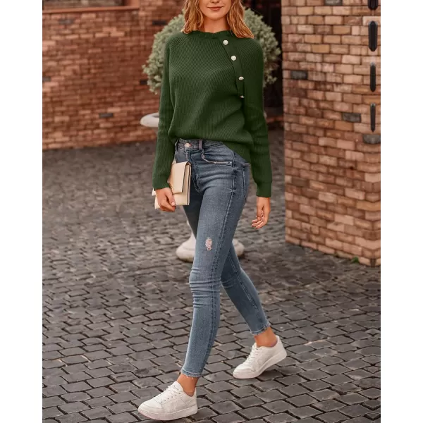 BTFBM 2024 Womens Sweaters Fall Winter Outfits Long Sleeve Button Down Ruffle Crew Neck Casual Knitted Pullover TopsOblique Army Green