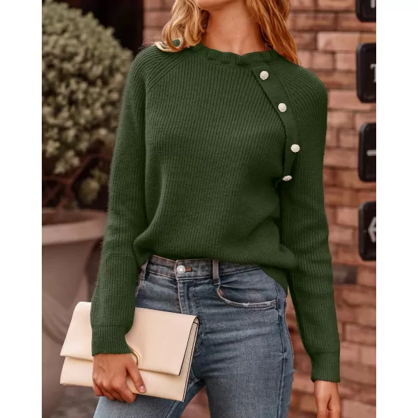 BTFBM 2024 Womens Sweaters Fall Winter Outfits Long Sleeve Button Down Ruffle Crew Neck Casual Knitted Pullover TopsOblique Army Green