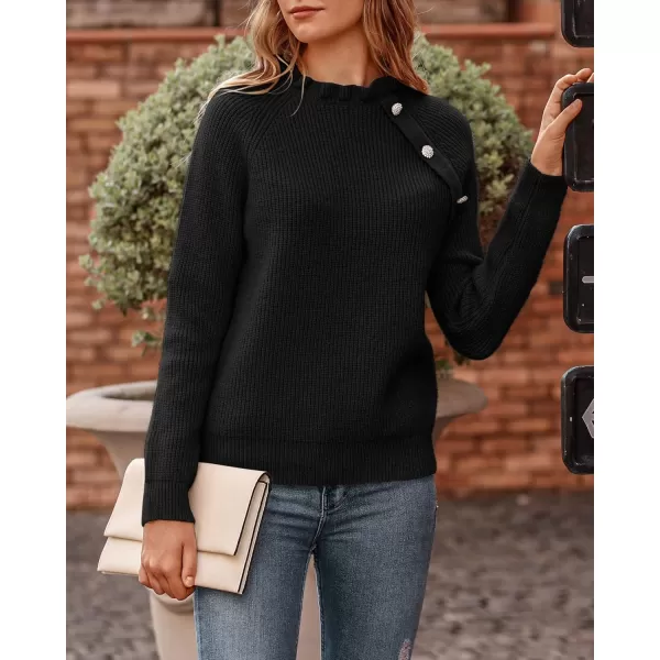 BTFBM 2024 Womens Sweaters Fall Winter Outfits Long Sleeve Button Down Ruffle Crew Neck Casual Knitted Pullover TopsOblique Black