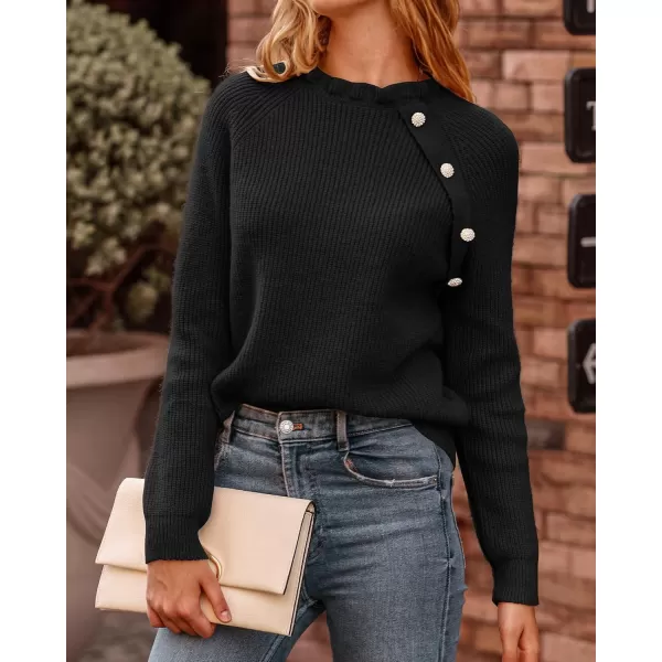 BTFBM 2024 Womens Sweaters Fall Winter Outfits Long Sleeve Button Down Ruffle Crew Neck Casual Knitted Pullover TopsOblique Black