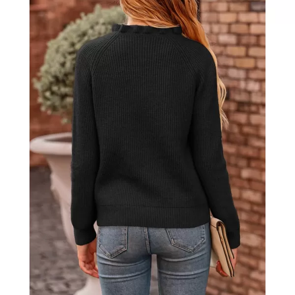 BTFBM 2024 Womens Sweaters Fall Winter Outfits Long Sleeve Button Down Ruffle Crew Neck Casual Knitted Pullover TopsOblique Black