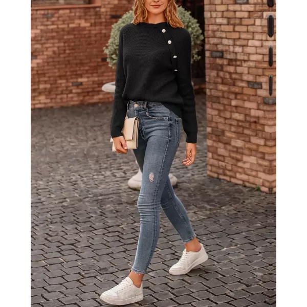 BTFBM 2024 Womens Sweaters Fall Winter Outfits Long Sleeve Button Down Ruffle Crew Neck Casual Knitted Pullover TopsOblique Black