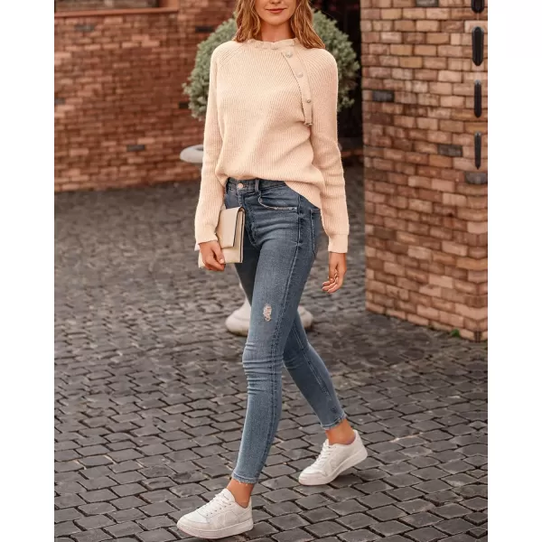 BTFBM 2024 Womens Sweaters Fall Winter Outfits Long Sleeve Button Down Ruffle Crew Neck Casual Knitted Pullover TopsOblique Khaki