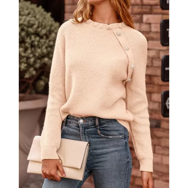 BTFBM 2024 Womens Sweaters Fall Winter Outfits Long Sleeve Button Down Ruffle Crew Neck Casual Knitted Pullover TopsOblique Khaki