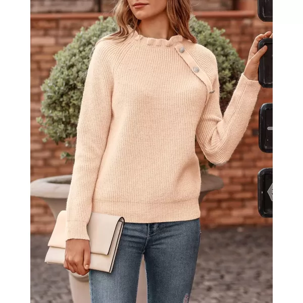 BTFBM 2024 Womens Sweaters Fall Winter Outfits Long Sleeve Button Down Ruffle Crew Neck Casual Knitted Pullover TopsOblique Khaki