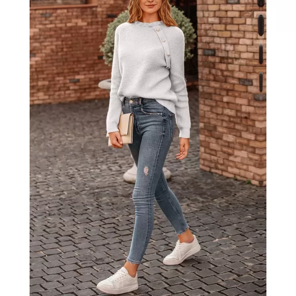 BTFBM 2024 Womens Sweaters Fall Winter Outfits Long Sleeve Button Down Ruffle Crew Neck Casual Knitted Pullover TopsOblique White