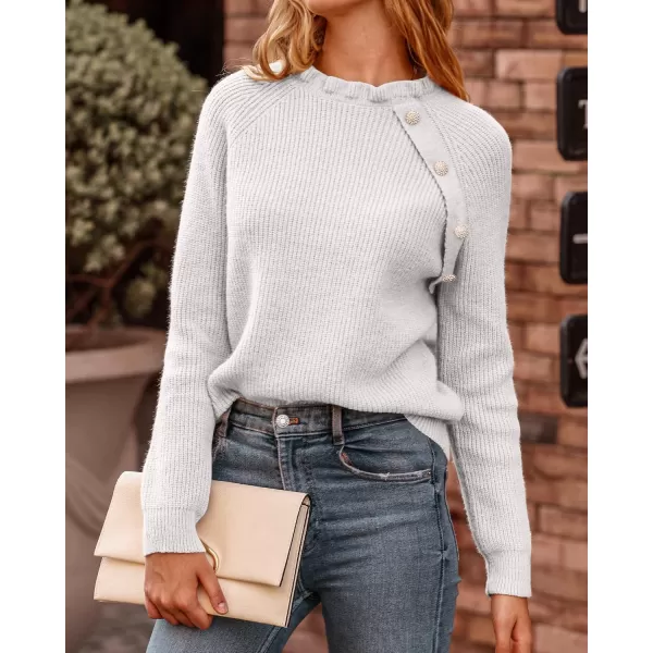 BTFBM 2024 Womens Sweaters Fall Winter Outfits Long Sleeve Button Down Ruffle Crew Neck Casual Knitted Pullover TopsOblique White