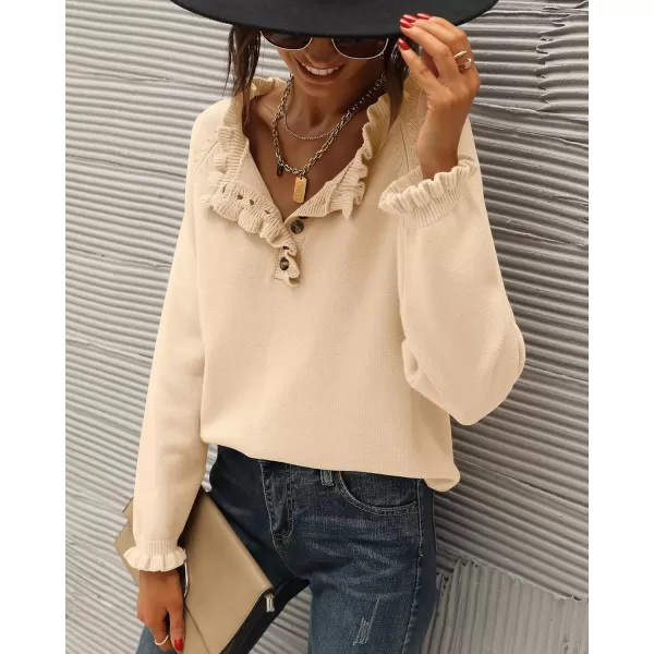 BTFBM 2024 Womens Sweaters Fall Winter Outfits Long Sleeve Button Down Ruffle Crew Neck Casual Knitted Pullover TopsSolid Apricot