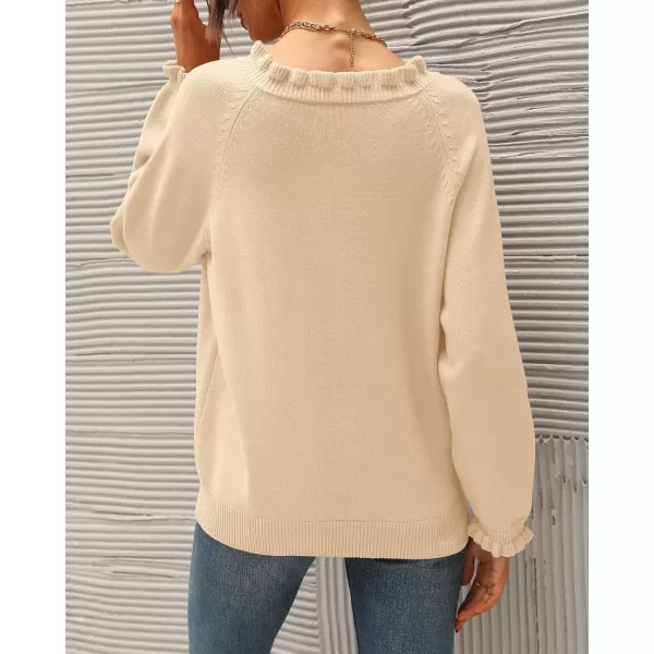 BTFBM 2024 Womens Sweaters Fall Winter Outfits Long Sleeve Button Down Ruffle Crew Neck Casual Knitted Pullover TopsSolid Apricot